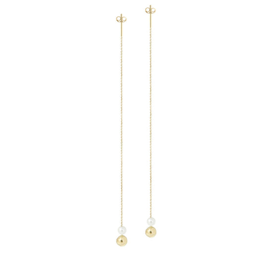 18ct yellow gold thread through earrings with small white pearl and gold bead