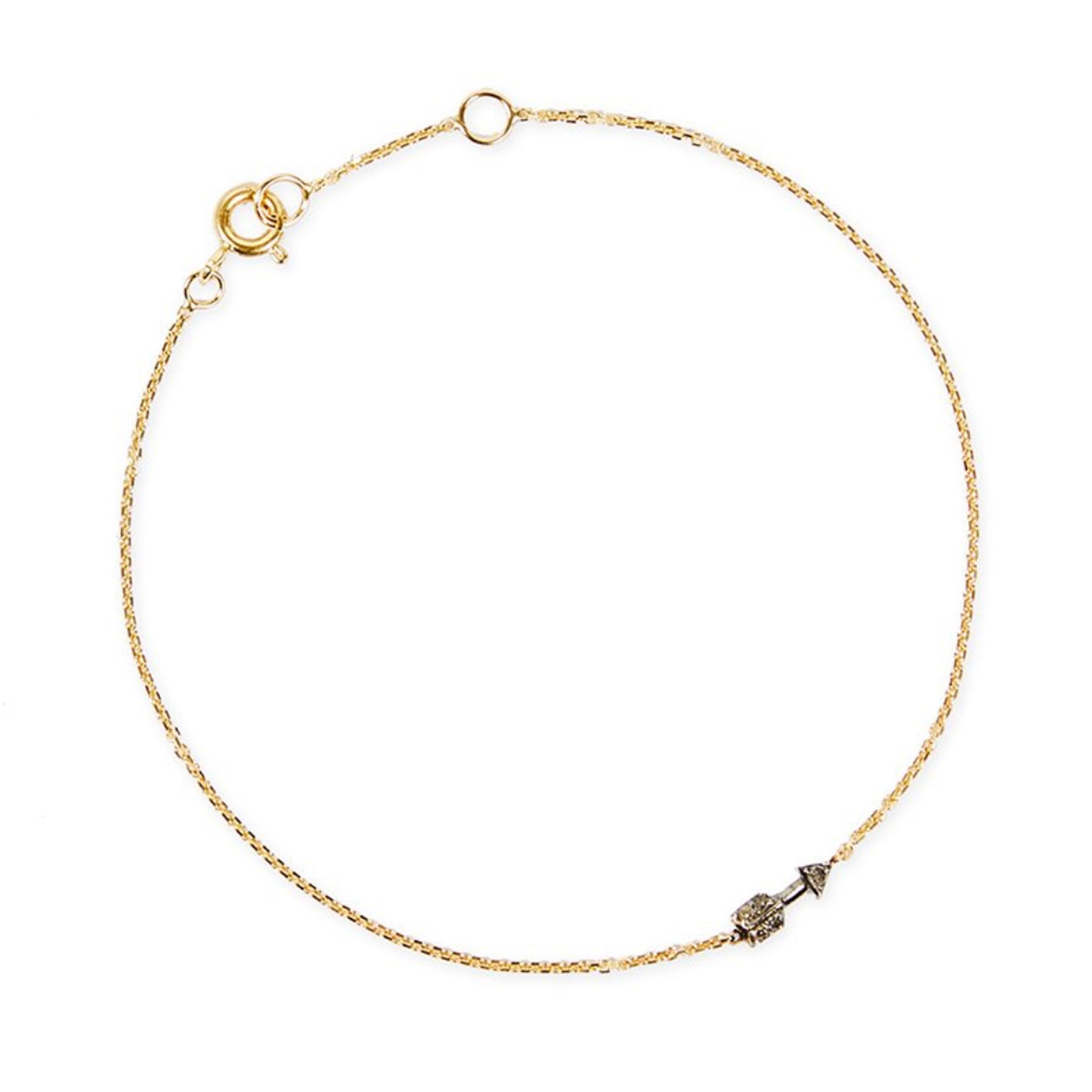 Laura Lee tiny arrow bracelet with oxidised silver diamond set arrow and 9ct yellow gold chain.