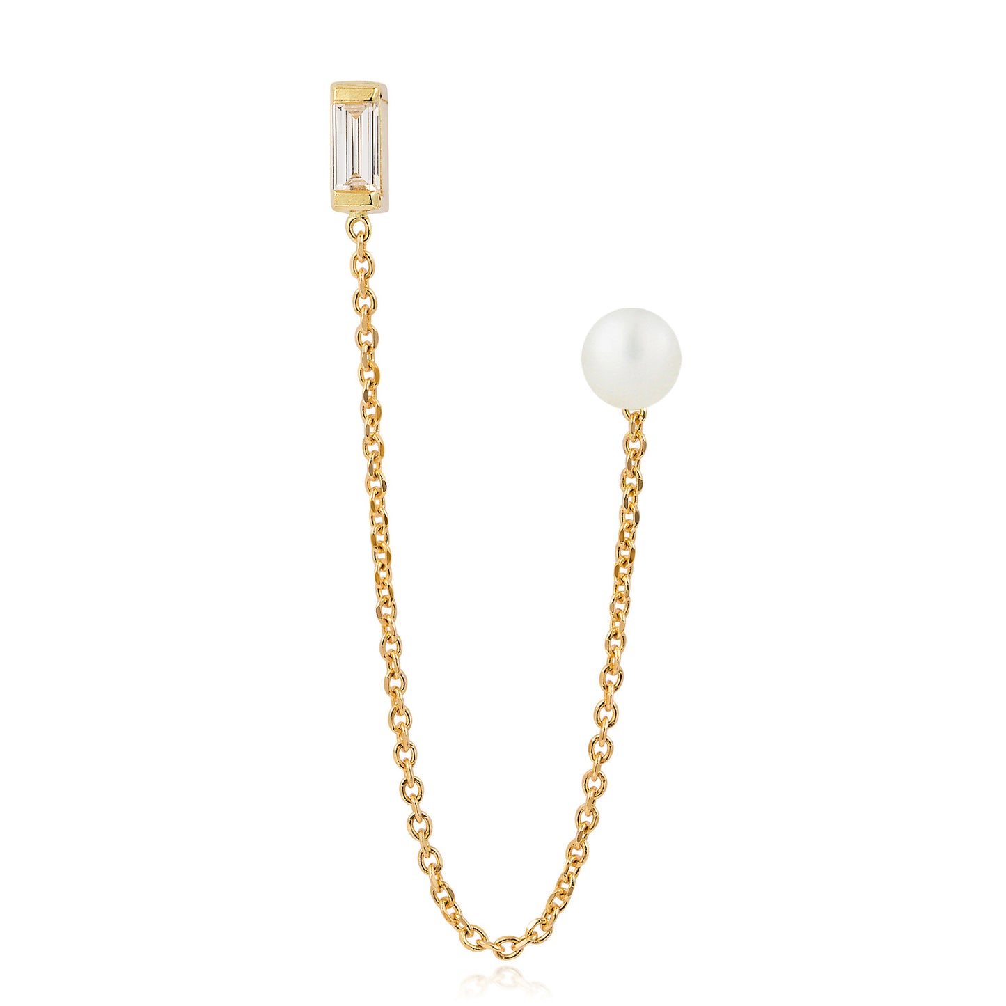18 ct yellow gold double stud with diamond baguette and pearl