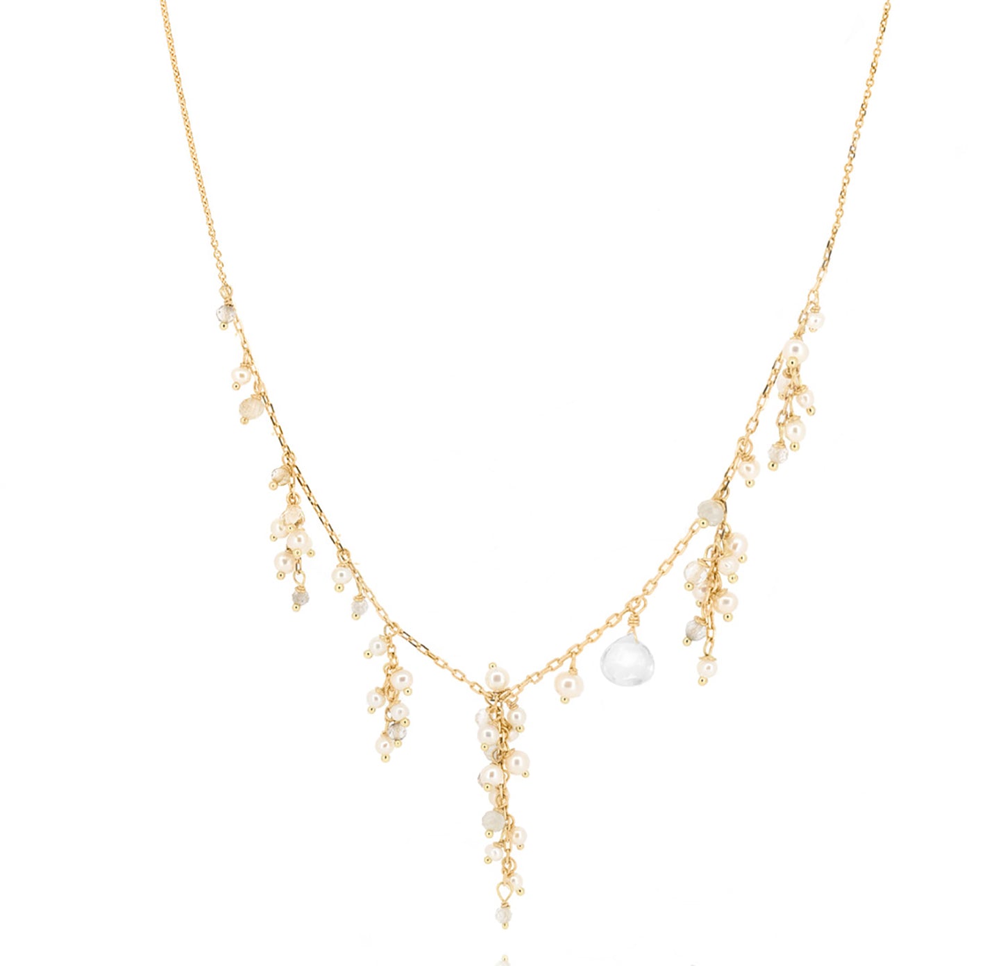 Close up of 18ct Gold Goddess of Love necklace with clusters of Pearl and Crystal beads/drops.