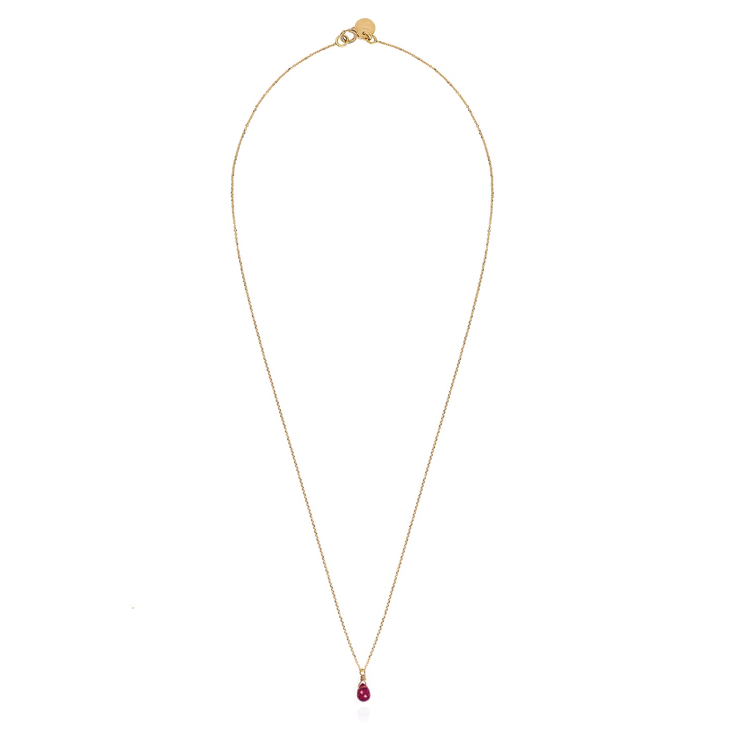 18ct yellow gold chain necklace with crimson sapphire briolette drop