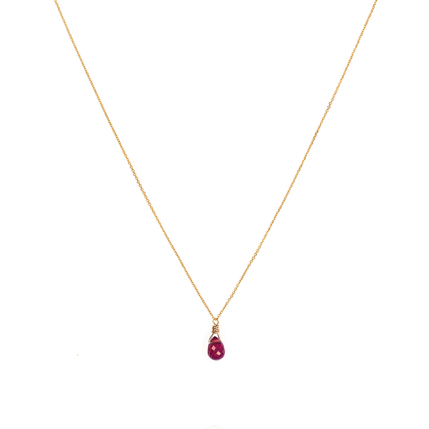 18ct yellow gold chain necklace with crimson sapphire briolette drop