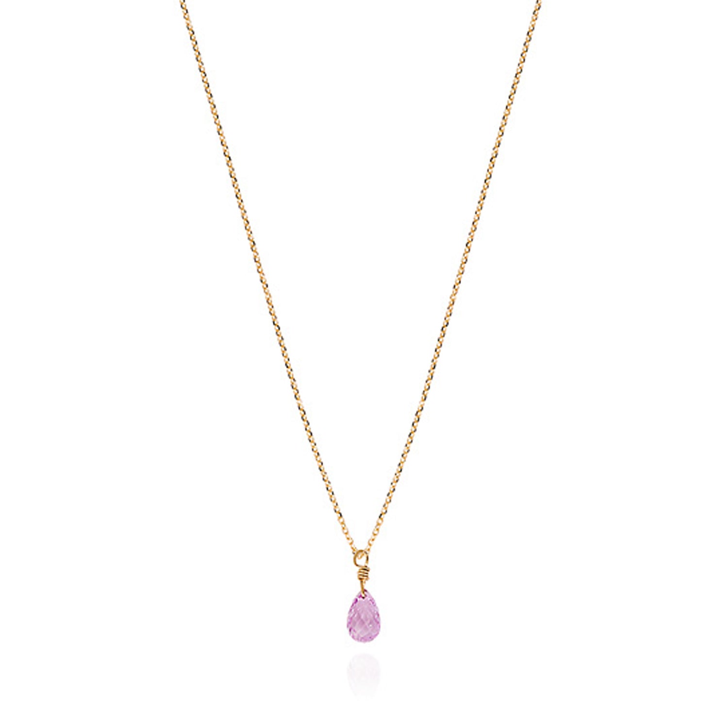 Close up of Sweet Pea 18ct yellow gold chain with pink sapphire briolette drop pendant. 20% of sale going to Breast Cancer Support