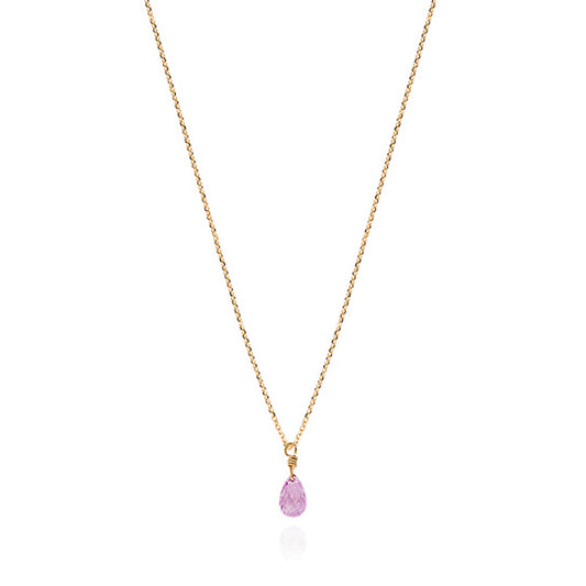 Close up of Sweet Pea 18ct yellow gold chain with pink sapphire briolette drop pendant. 20% of sale going to Breast Cancer Support