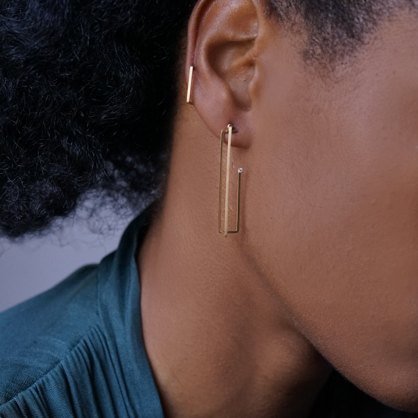 Sweet Pea Precious Maze 18ct gold polished finish diamond rectangle add-on teamed with large brushed square hoop on model