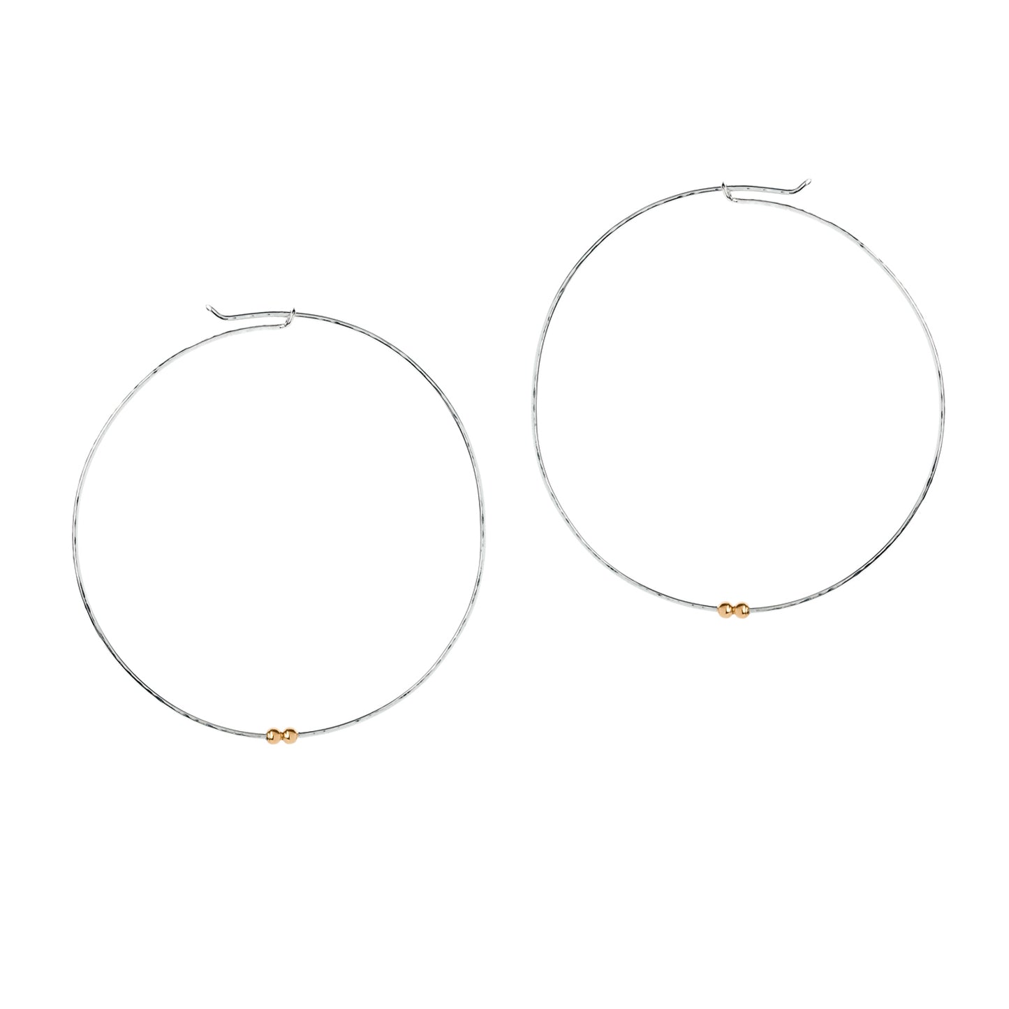 Laura Lee extra large Hammered Silver Hoop Earrings with 18ct gold beads