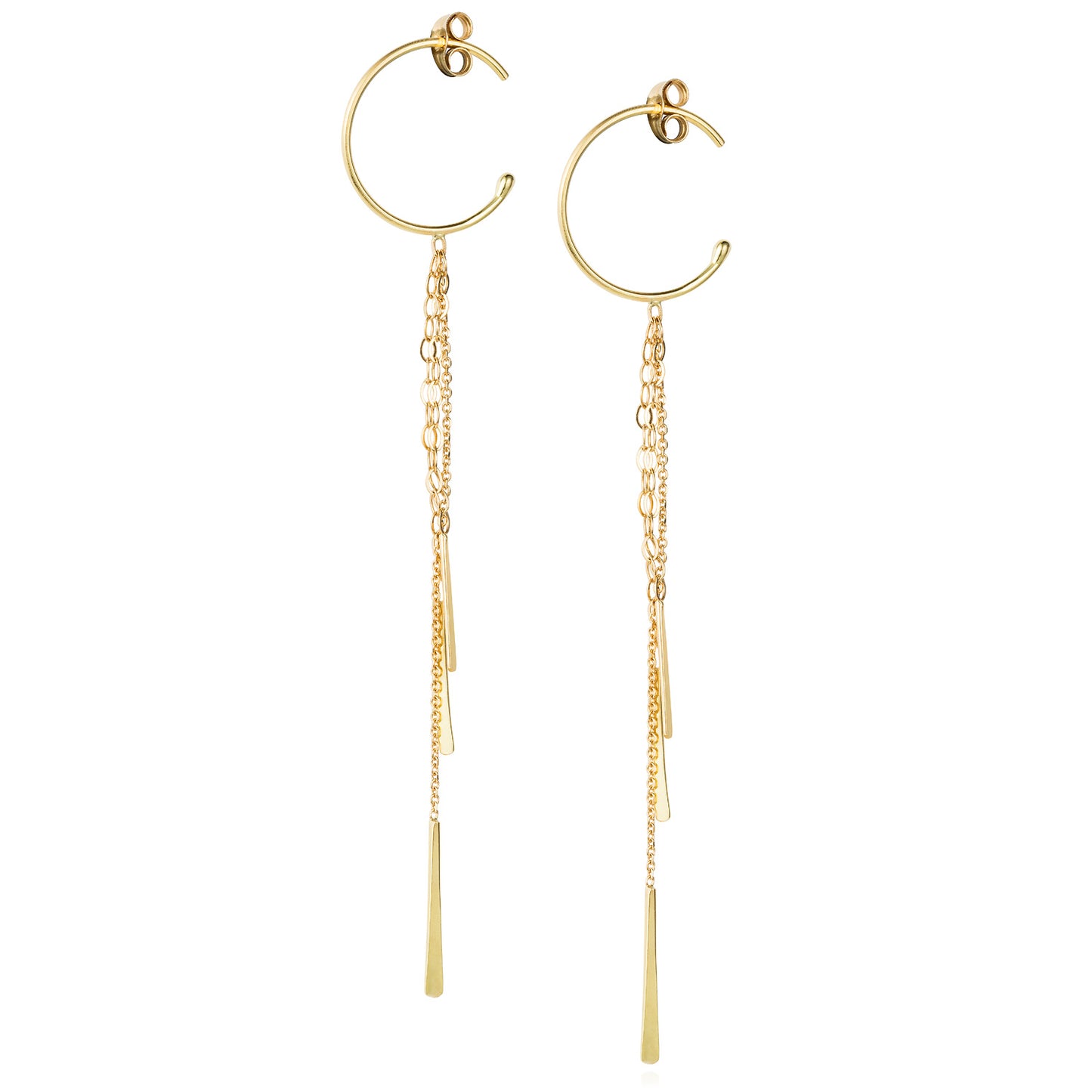 18ct yellow gold small hoop earrings with hanging chains and bars