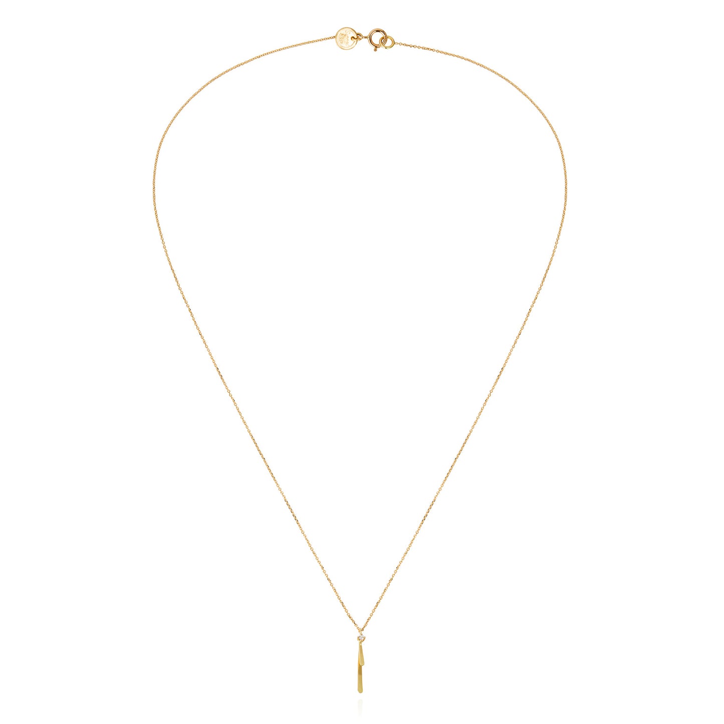 18ct gold fine chain necklace with golden bar and diamond pendant