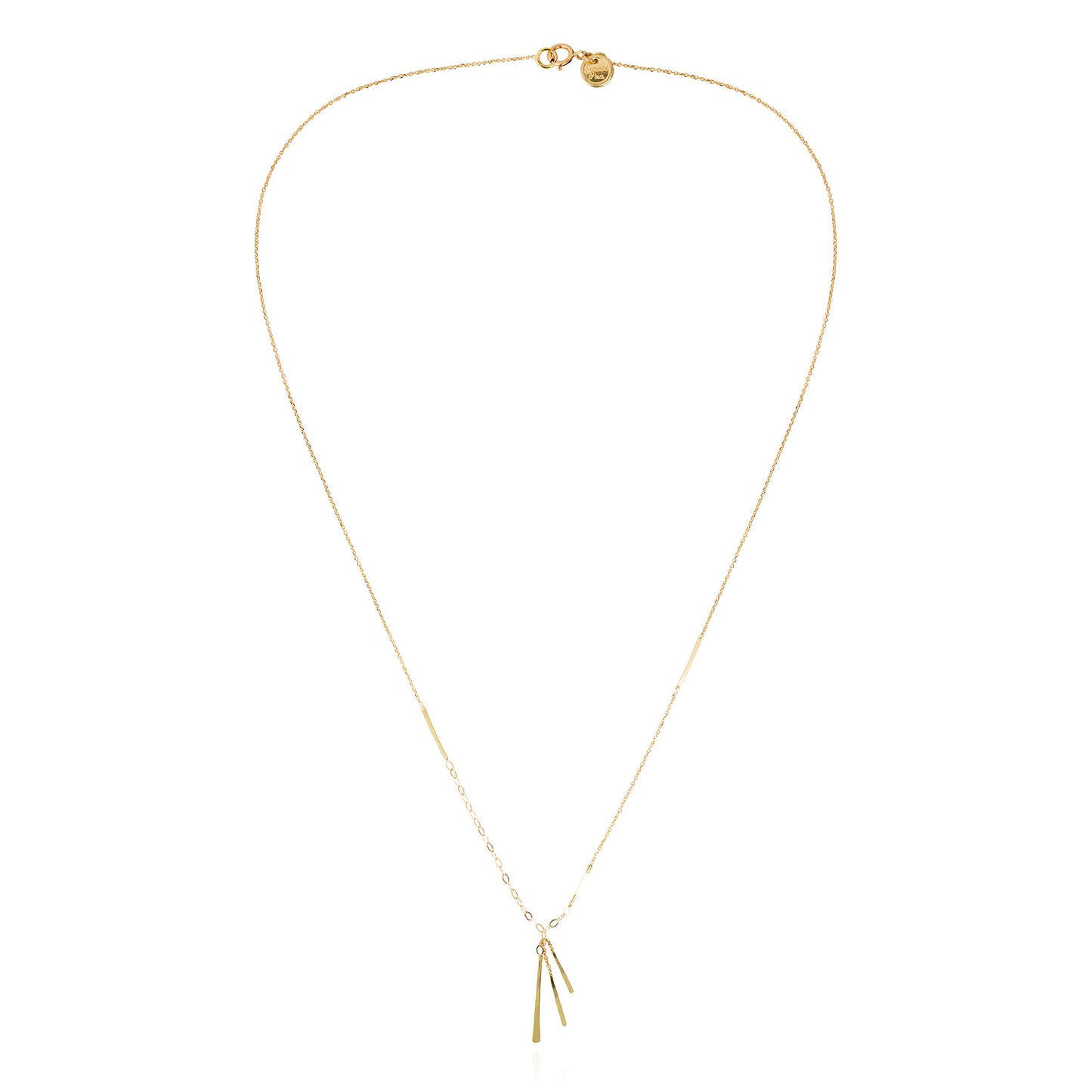 18ct gold fine and oval chain necklace with 3 inserted bars and 3 hanging bars