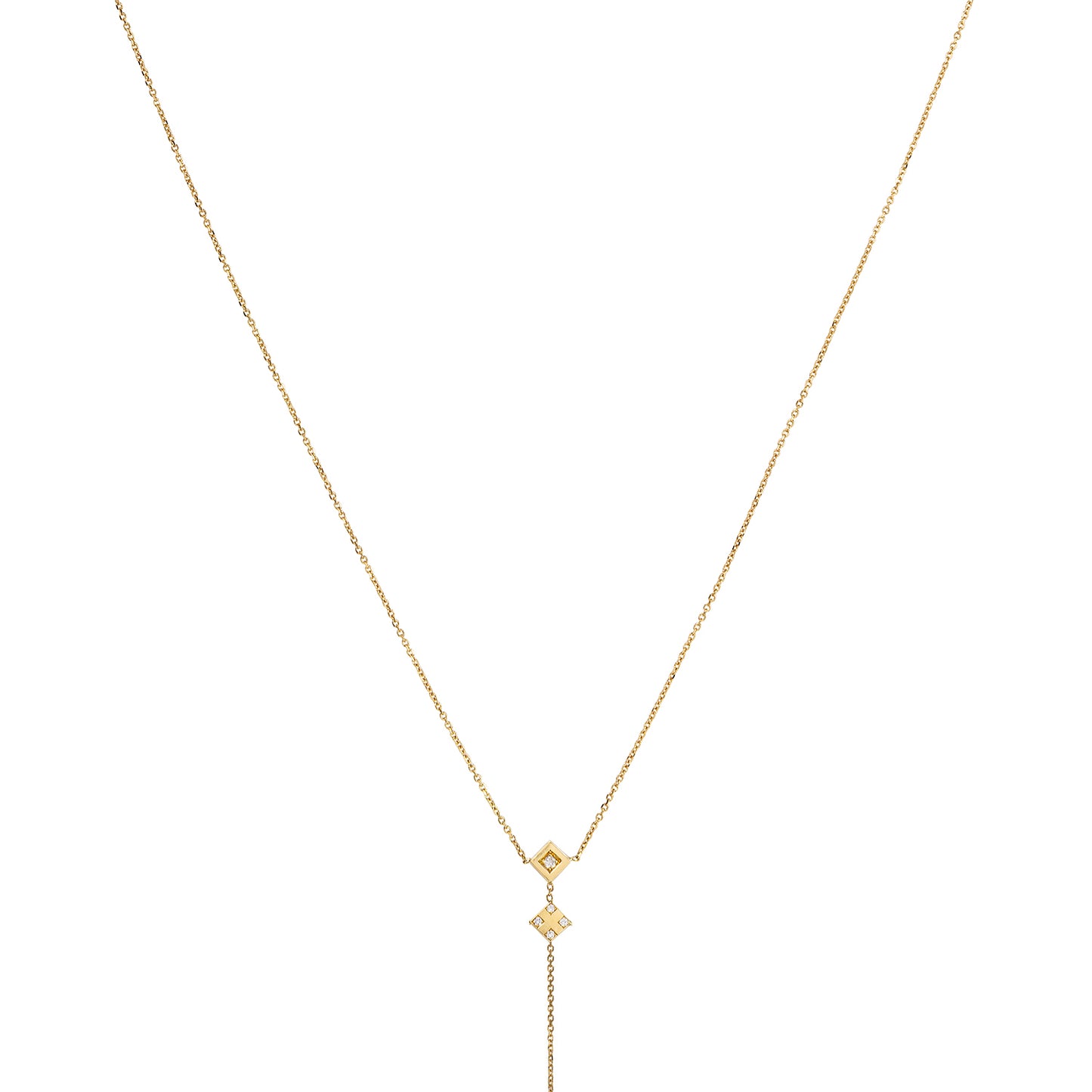 18ct yellow gold necklace with double Diamond pave set squares. The collection was inspired by favourite family games and the serendipitous charm of the dice.