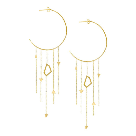 18ct yellow gold large hoop earrings with 5 long fine chains inserted with open geometric shape and 5 brushed arrow elements