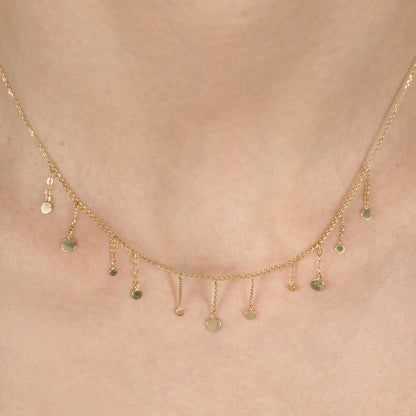 Sweet Pea 18ct gold Ancient World chain necklace with chain and disc drops on model