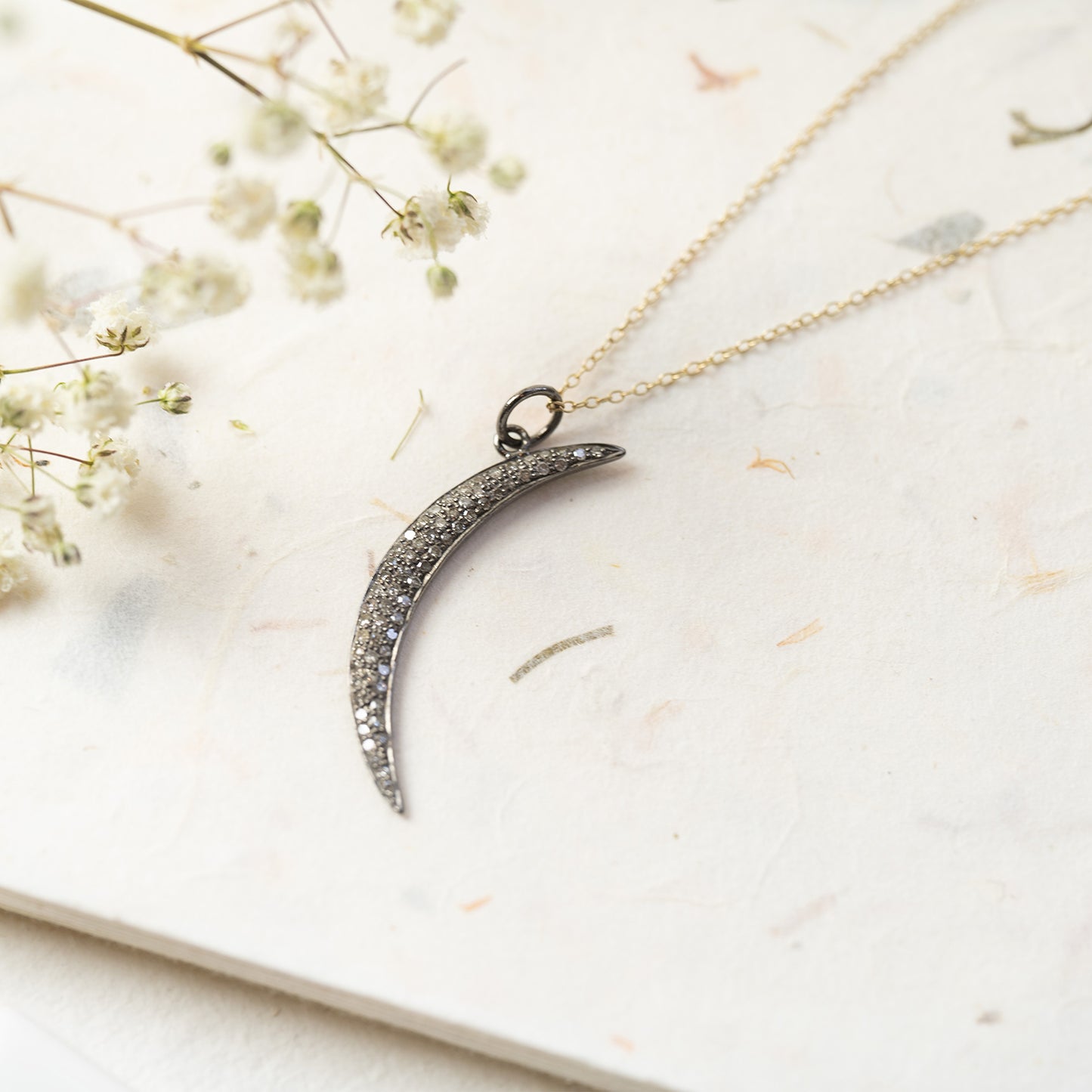 This 9ct yellow gold fine chain necklace features an oxidised silver crescent moon set with grey brilliant cut diamonds.