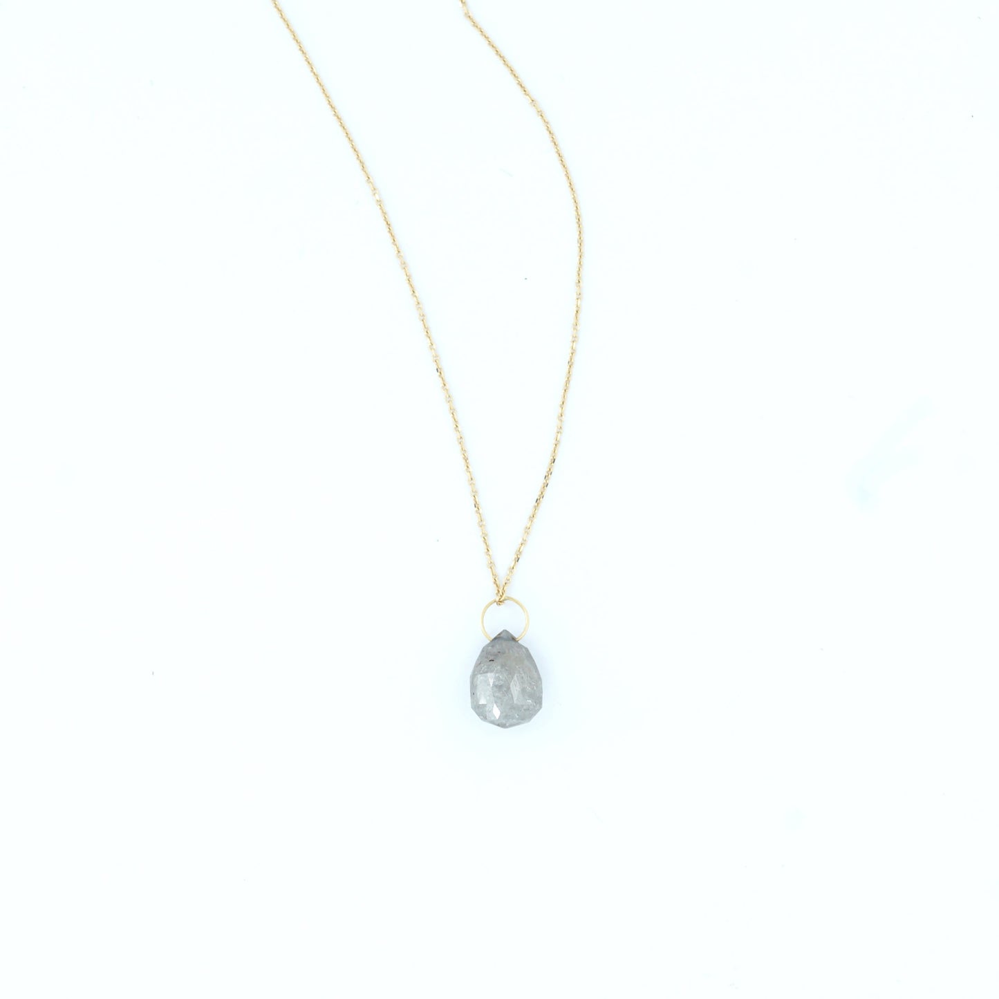 Sweet Pea grey diamond drop pendant on 18ct yellow gold chain.