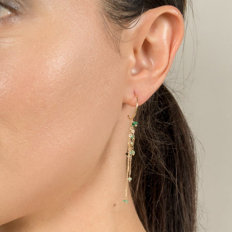 Sweet Pea Pogo Punk Emerald Grape beaded gold Earrings on model