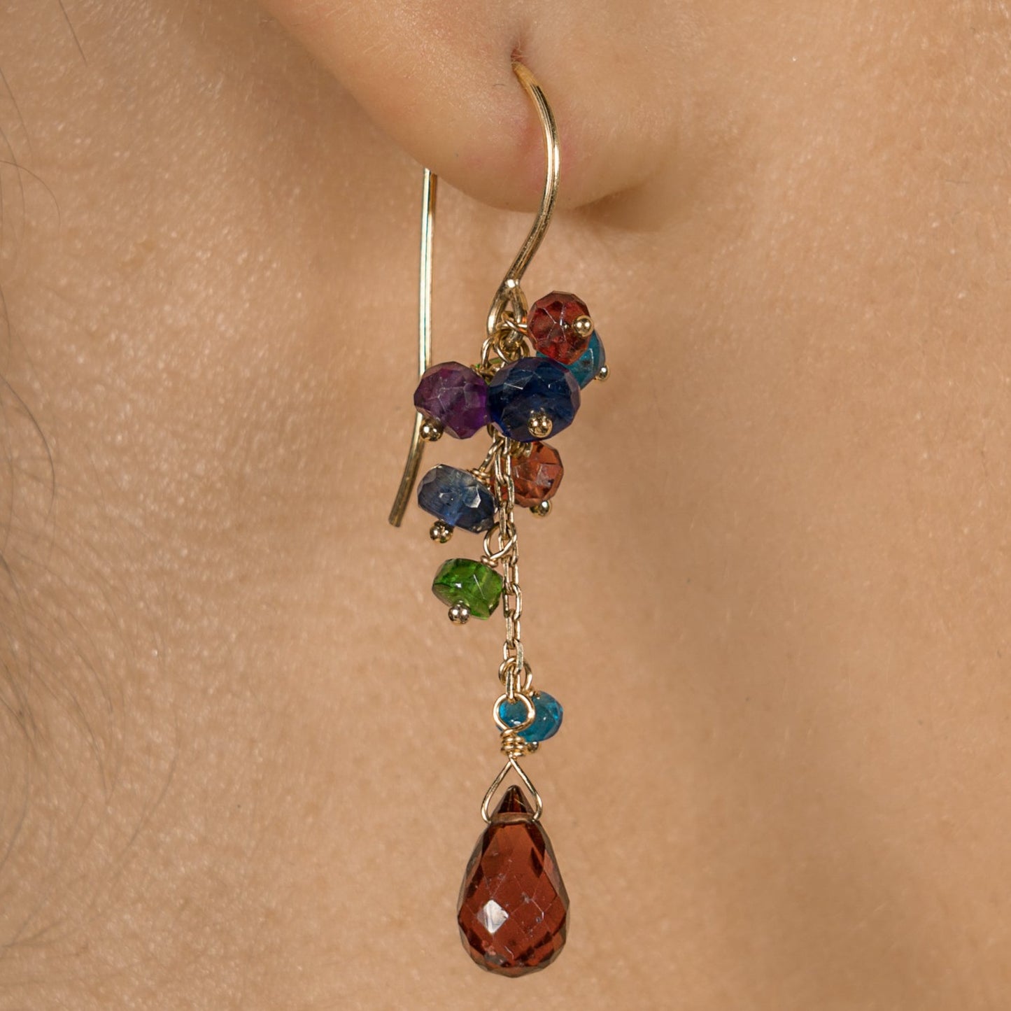 Sweet Pea 18ct gold hook cluster beaded earrings with garnet drop on model