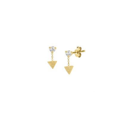 18ct yellow gold white diamond stud earrings with brushed arrow element hanging from short fine chain