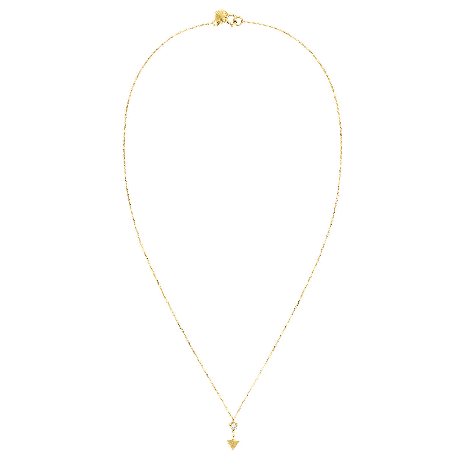18ct yellow gold fine chain necklace with claw set white diamond and matt arrow pendant drop.