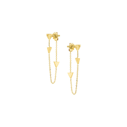 18ct yellow gold arrow stud earrings with looped under fine chain inserted with 2 brushed arrow elements