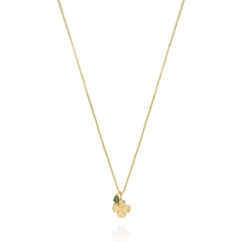 Laura Lee's 9ct gold Wildflower necklace features a 6mm small flower charm and green tourmaline 