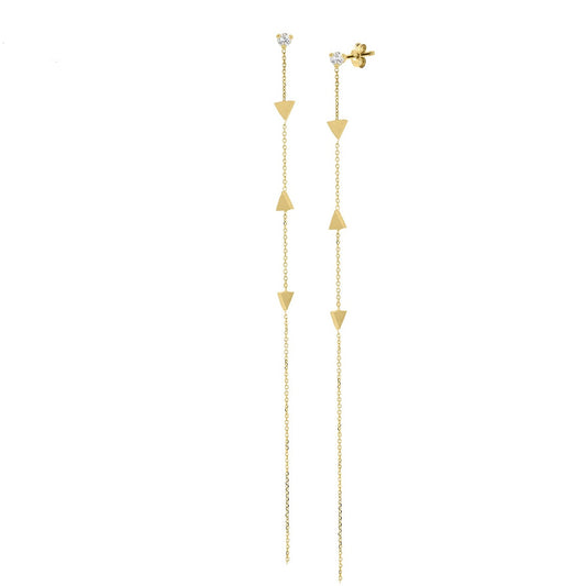 18ct yellow gold white diamond stud earrings with long fine chain inserted with 3 brushed arrow elements