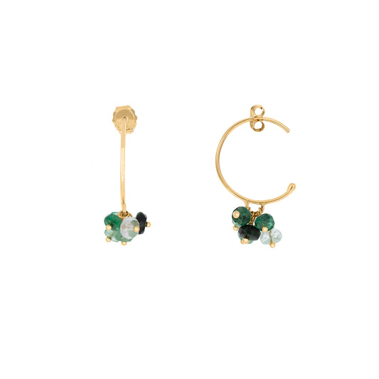 Sweet Peas  Pogo Punk 18ct yellow gold small hoops with cluster of emerald beads in varying shades.