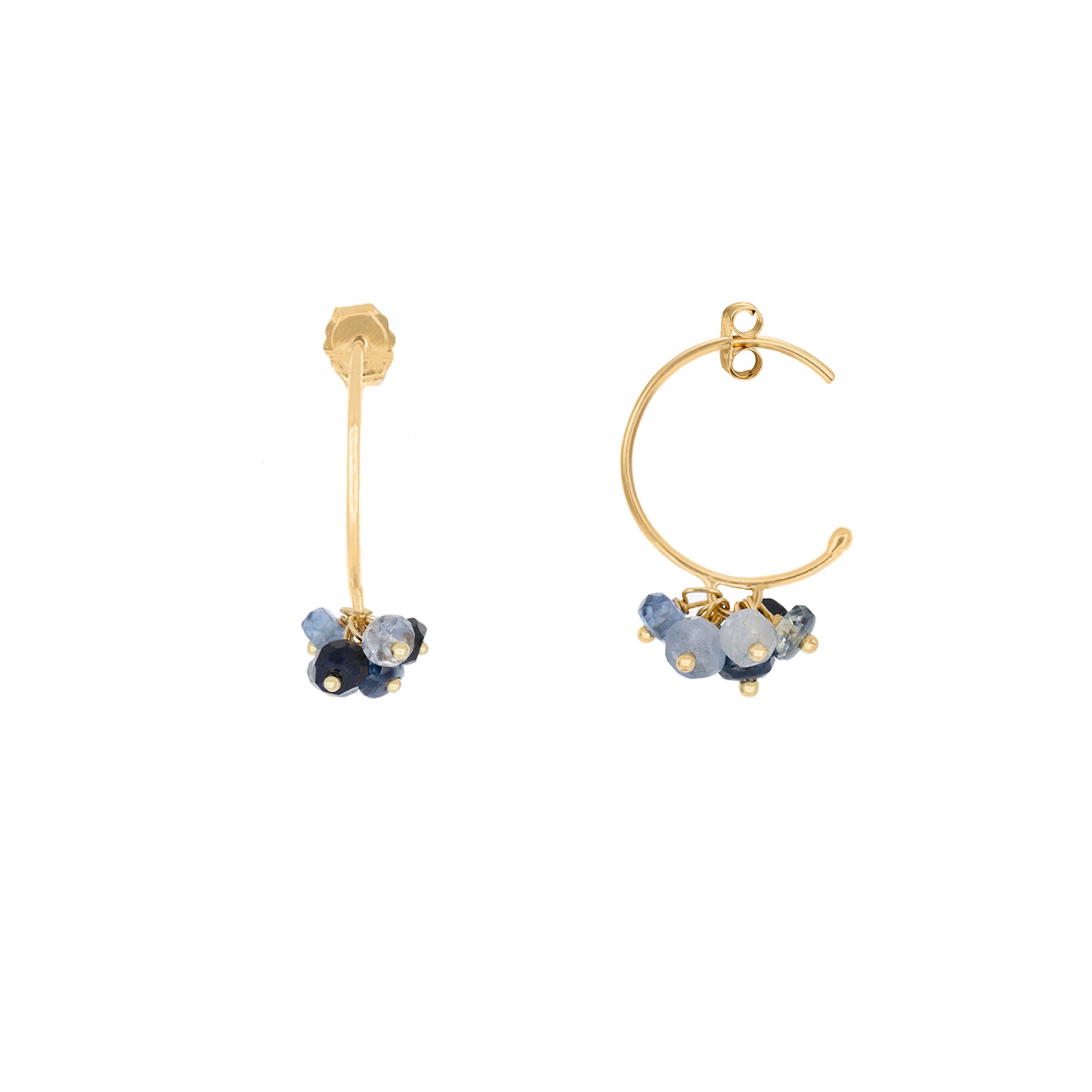 Sweet Pea Pogo Punk 18ct yellow gold small hoops with cluster of sapphire beads in varying shades.