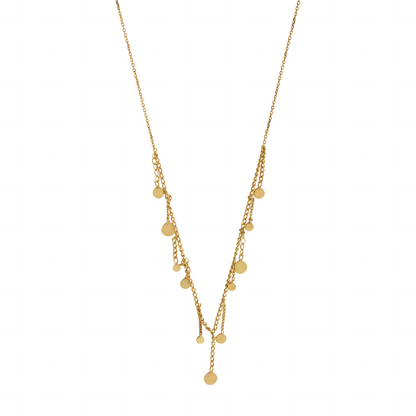 Sweet Pea 18ct gold Ancient World chain necklace with chain and disc drops close up