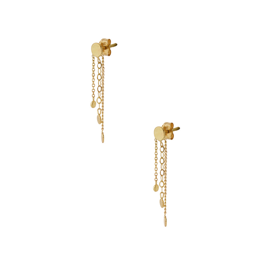 Sweet Pea 18ct gold Ancient Worlds stud earring with chain and disc tassels