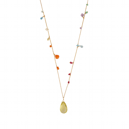 Sweet Pea 18ct gold Love is Love rainbow drop pendant beaded necklace close up 