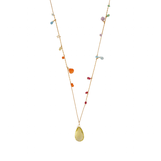 Sweet Pea 18ct gold Love is Love rainbow drop pendant beaded necklace close up 