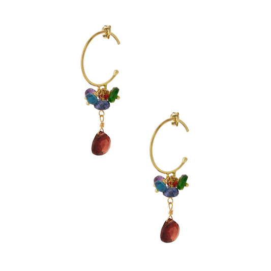 Sweet Pea 18ct gold baby hoop with mixed bead cluster and garnet drop from Crown Jewels collection