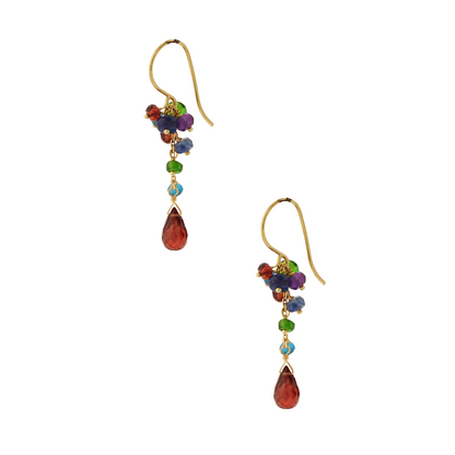 Sweet Pea 18ct gold hook cluster beaded earrings with garnet drop