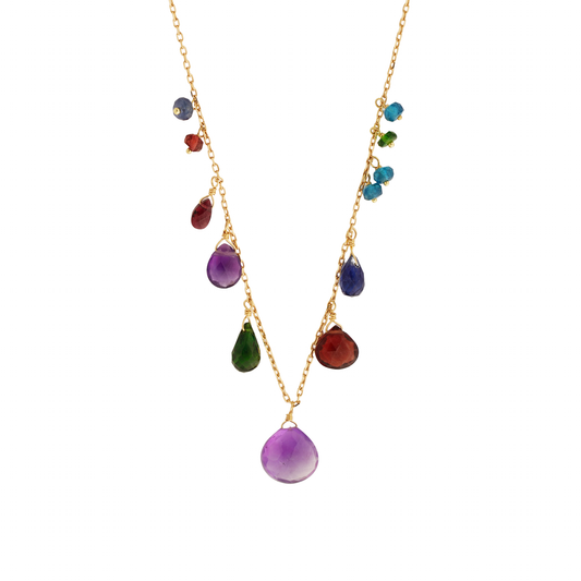 Sweet Pea 18ct yellow gold necklace with amethyst drop and mixed beads