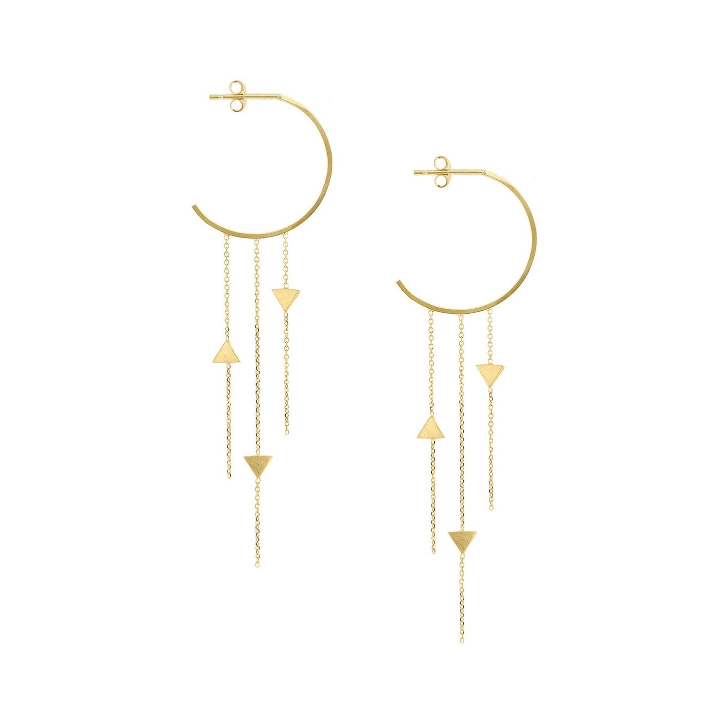 18ct yellow gold small hoop earrings with 3 hanging fine chains inserted with 3 brushed arrow elements
