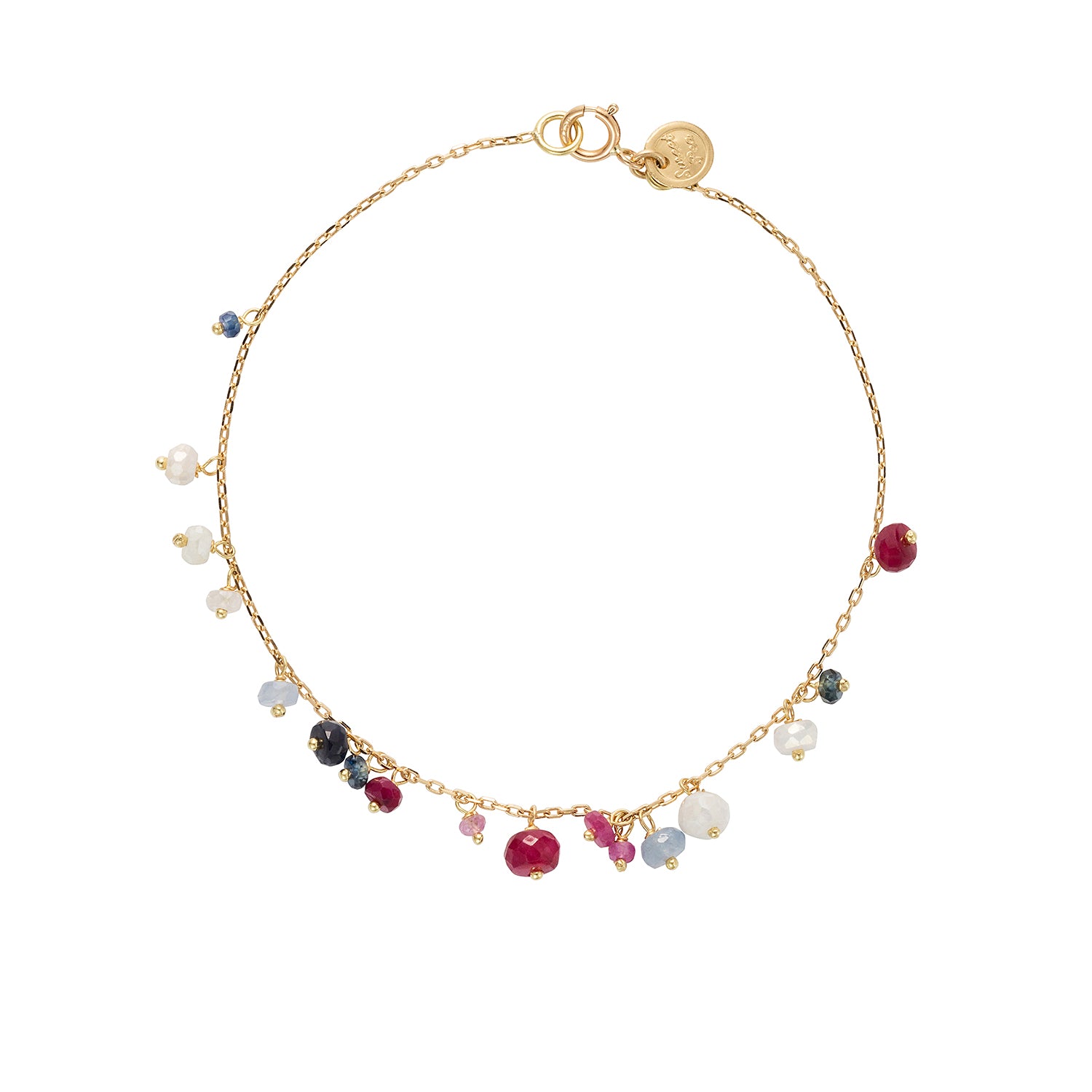18ct yellow gold chain Pogo Punk beaded bracelet with ruby, sapphire and corundum beads.