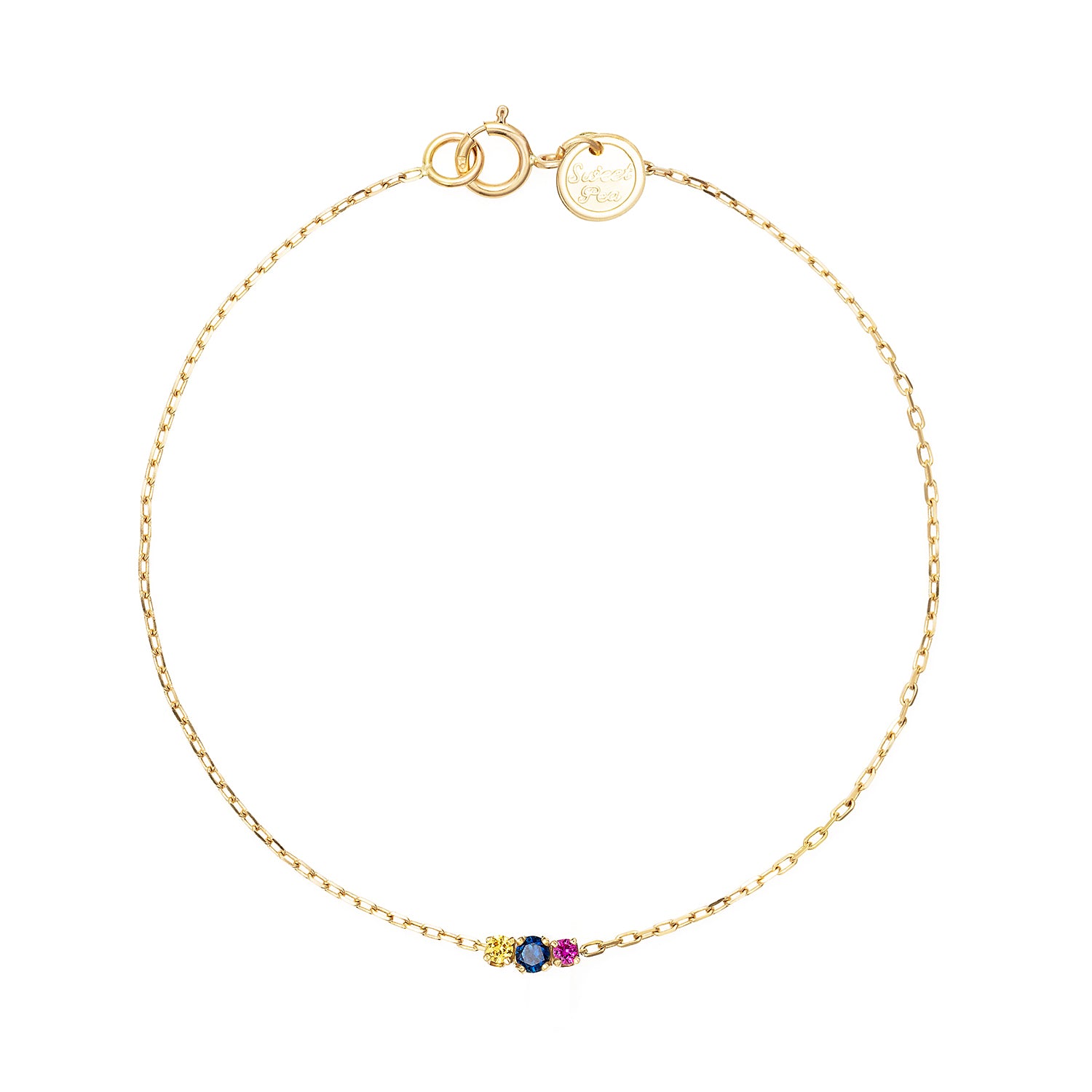 18ct yellow gold chain bracelet with horizontal set pink blue and yellow sapphire bar.