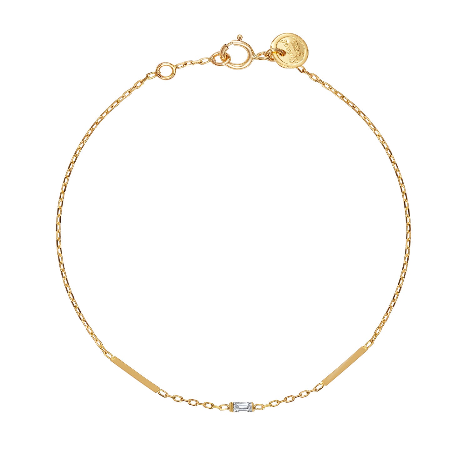 18ct yellow gold fine chain bracelet with Diamond baguette and two bars.