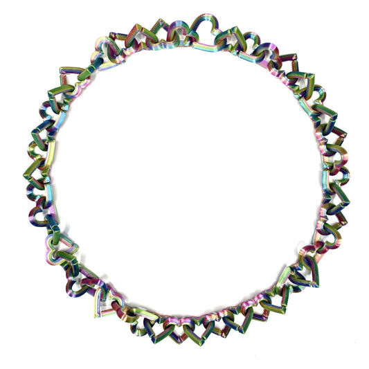 Zoe Sherwood 3d printed linked heart necklace with Rainbow Magic finish