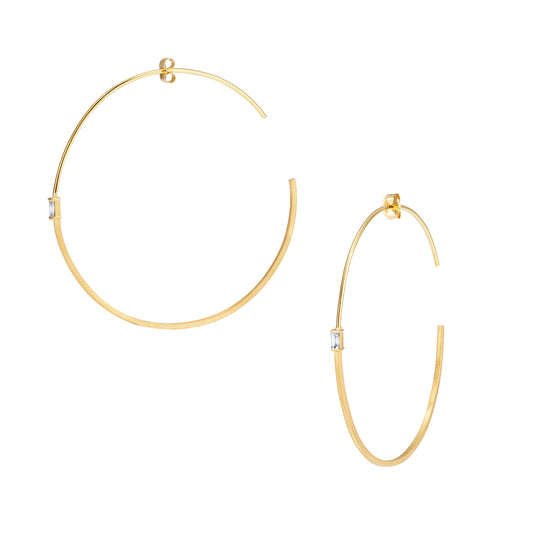 18ct Gold medium half/half hoop earrings with baguette Diamonds.