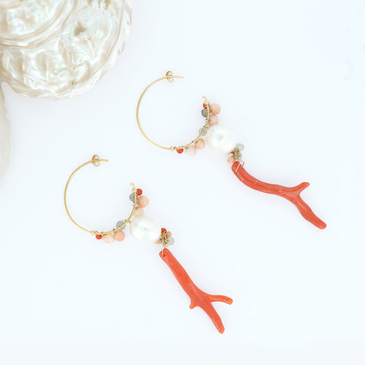 Sweet Pea 18ct gold hoops with coral beads, pearls and coral branch