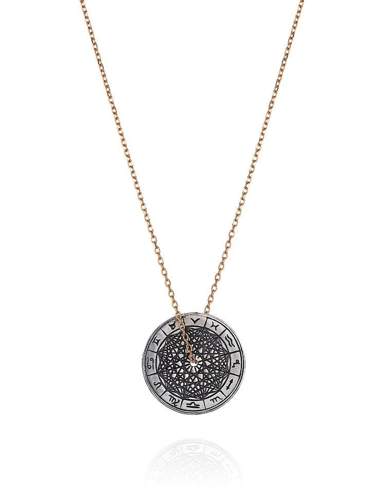 Laura Lee's silver Zodiac Wheel pendant on 9ct yellow gold chain front