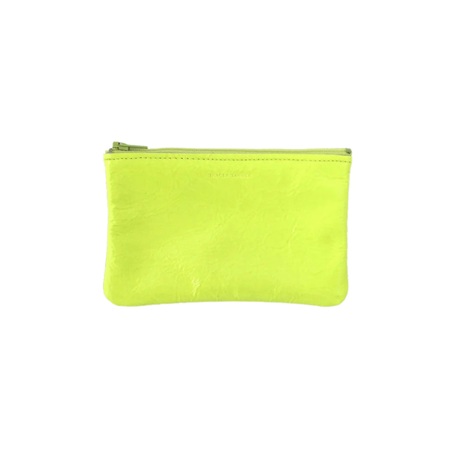 Tracey Tanner Medium Flat Zip Leather Pouch Neon Yellow