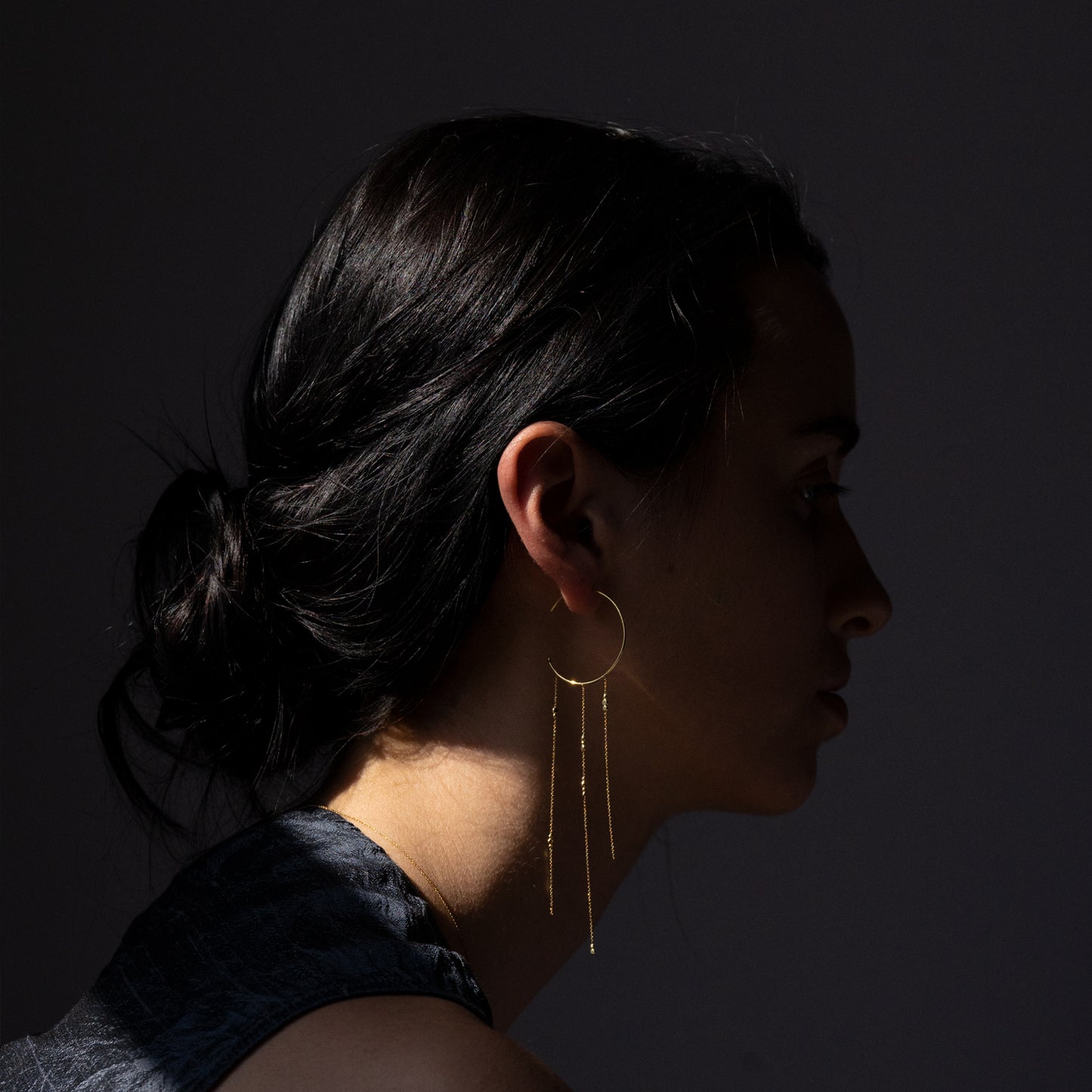 18ct yellow gold hoop earrings with 3 strands of fine chain with Bits and Bobs on model