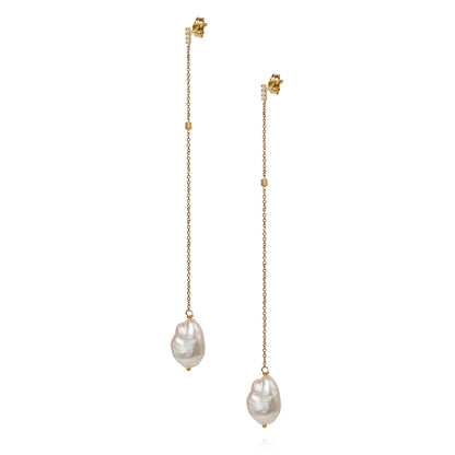 18ct yellow gold small vertical Diamond set bar stud earring with hanging chain, inserted bar and Keshi Pearl drop