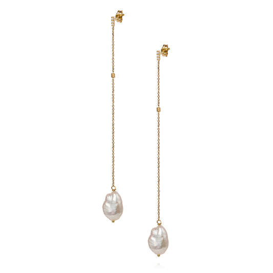 18ct yellow gold small vertical Diamond set bar stud earring with hanging chain, inserted bar and Keshi Pearl drop