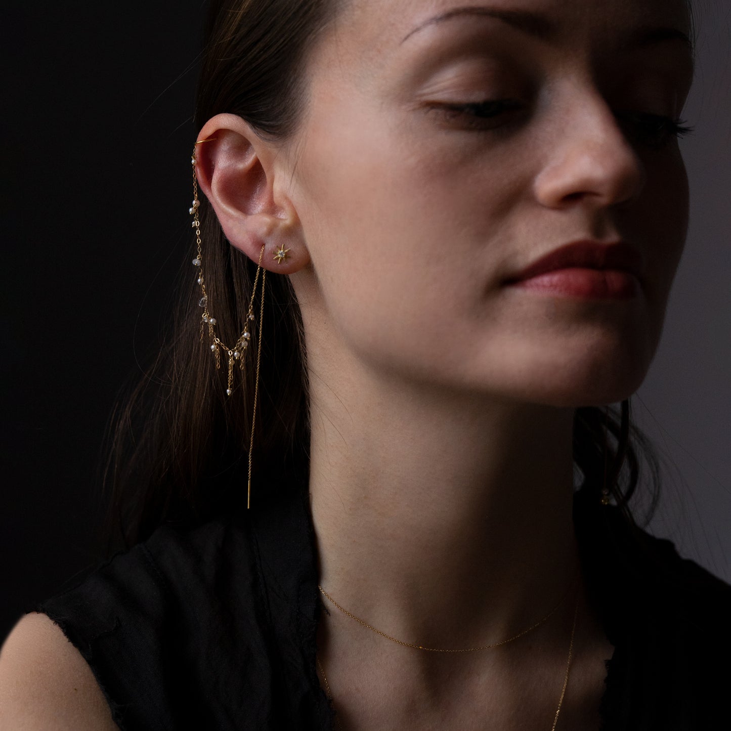 18ct yellow thread through long chain earring with ear cuff with seed Pearl and Moonstone on model