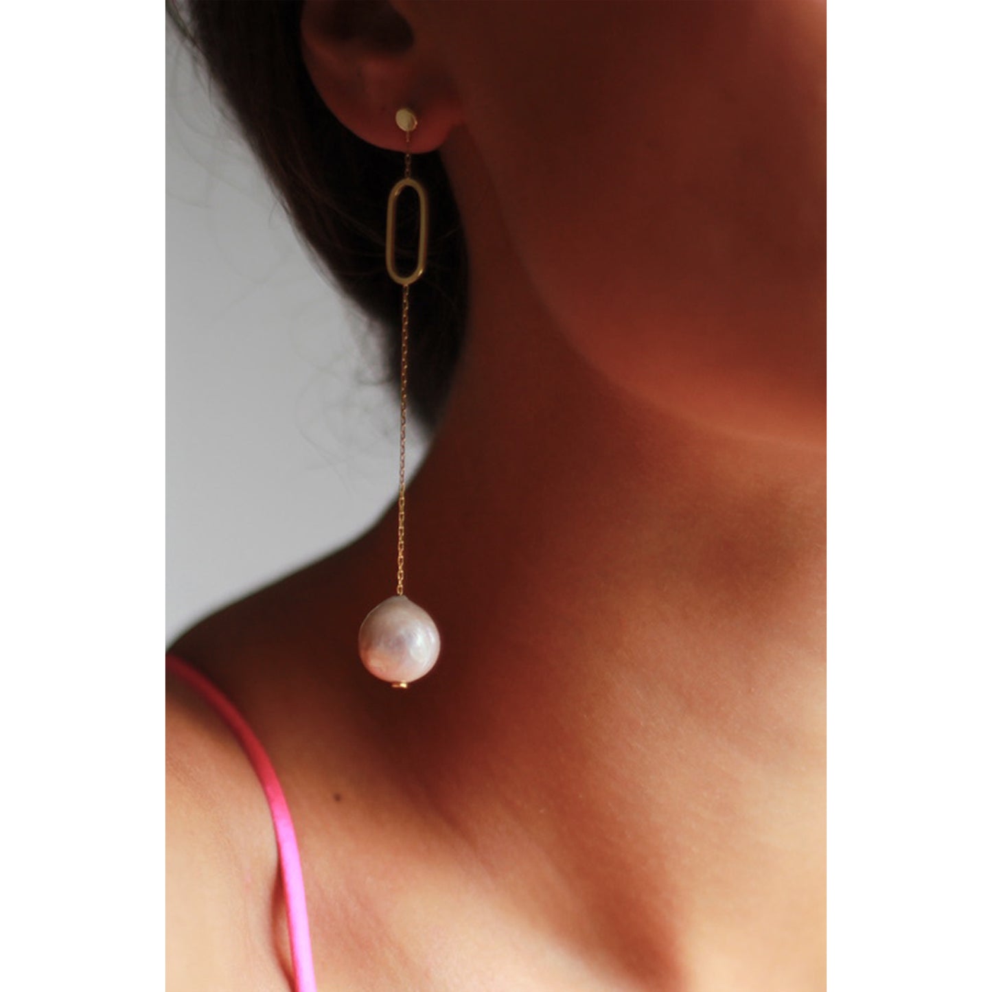 Linked with Love Earrings With Pink Baroque Pearl on model