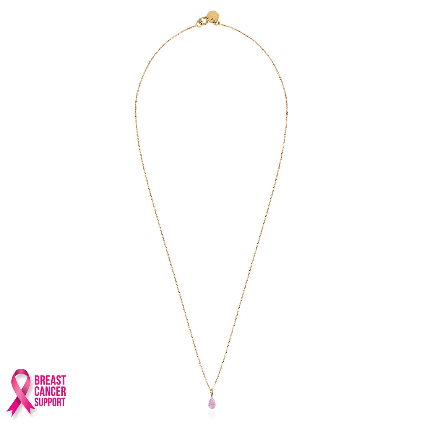 Sweet Pea 18ct yellow gold chain with pink sapphire briolette drop pendant. 20% of sale going to Breast Cancer Support 