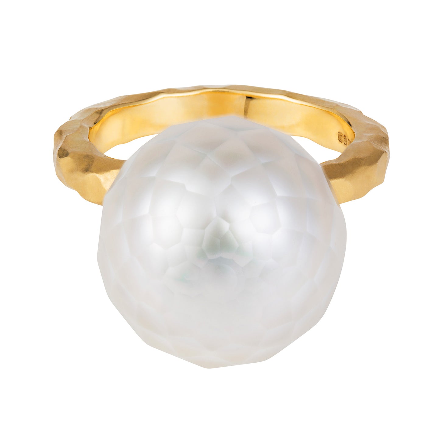 18ct yellow gold ring with faceted white South Sea Pearl floating on a chunky hammered band